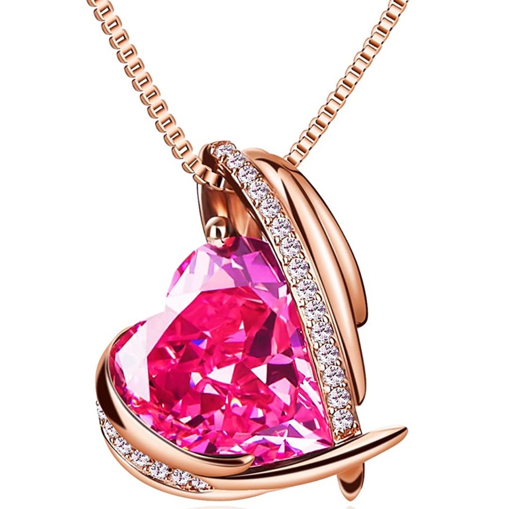 Rose Gold Plated baby pink heart Pendant Necklace with Birthstone Heart Crystal